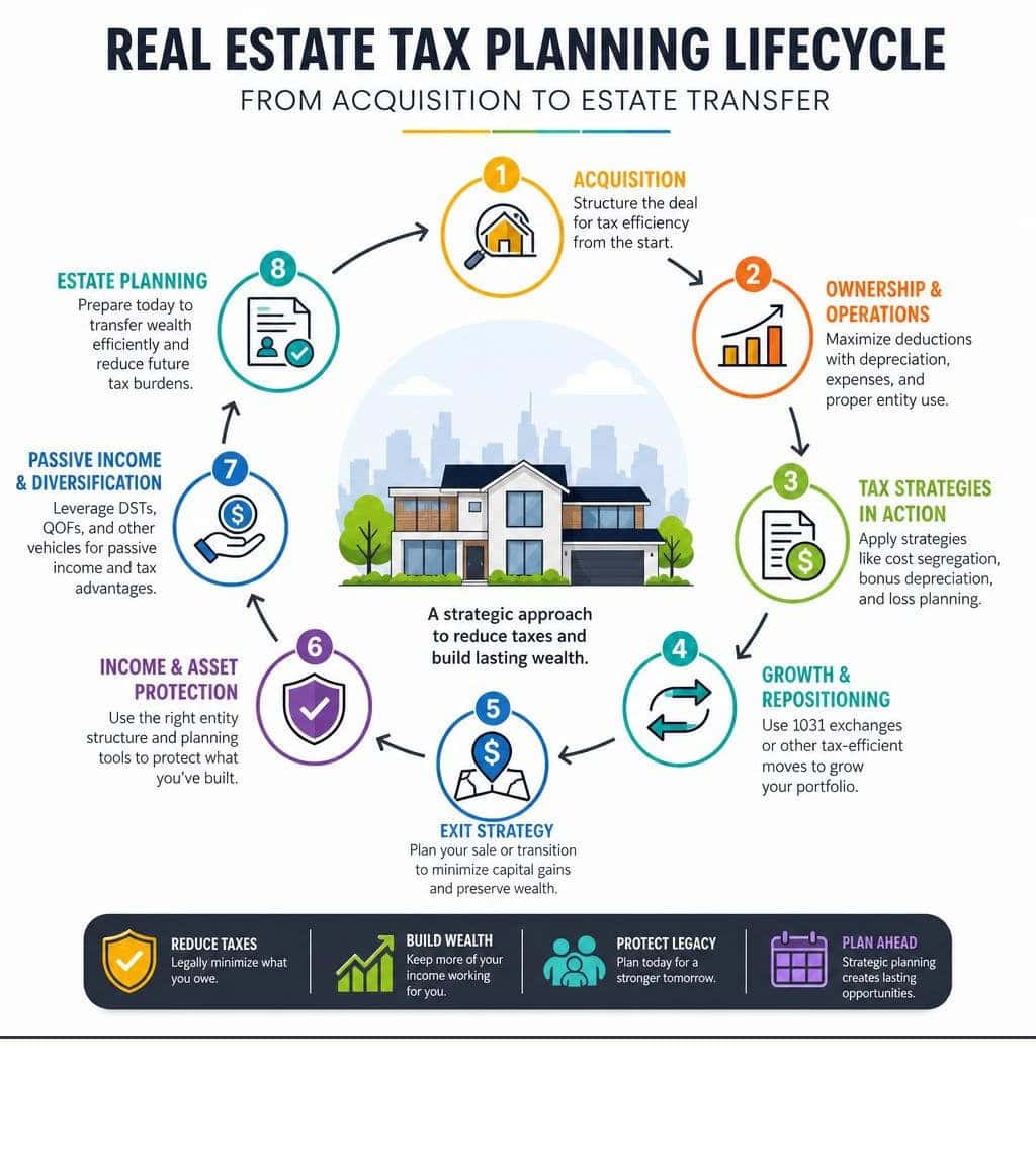 Real estate tax planning lifecycle from acquisition to estate transfer infographic infographic