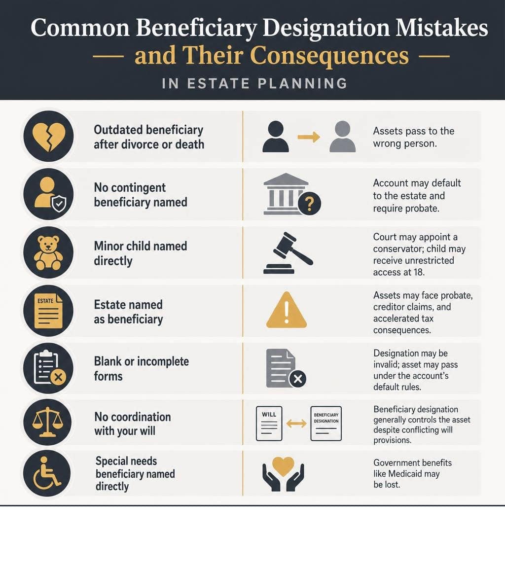 Common beneficiary designation mistakes and their consequences in estate planning infographic without per capita or per