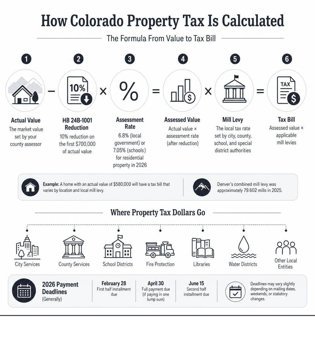 General Colorado property tax infographic showing the formula from actual value through the local-government reduction