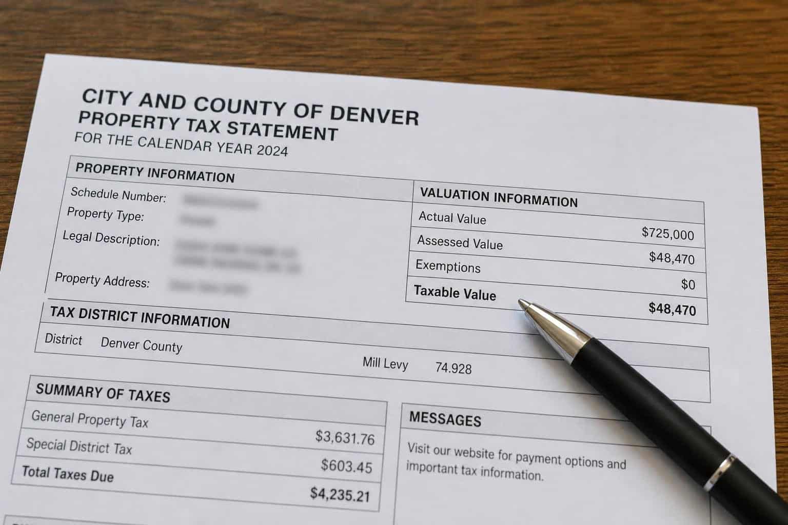 Property tax statement showing actual value and assessed value