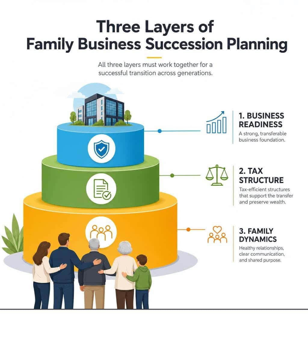 Three layers of family business succession planning: business readiness, tax structure, and family dynamics infographic