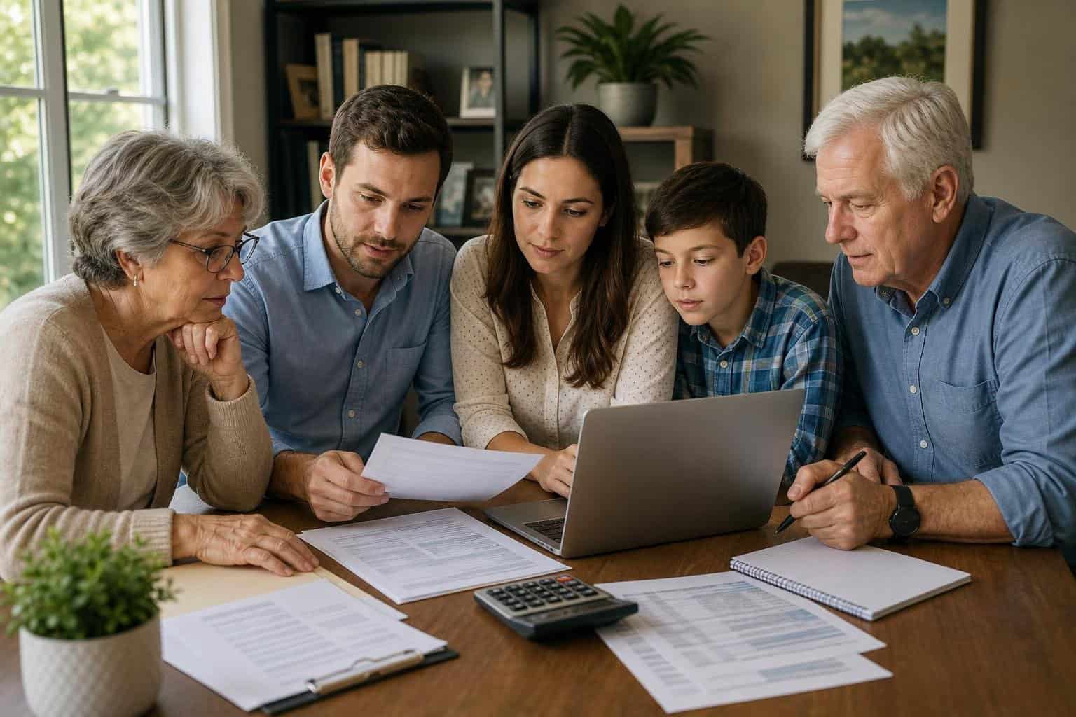 A multi-generational family reviewing documents and a laptop together while discussing tax planning for a family business.