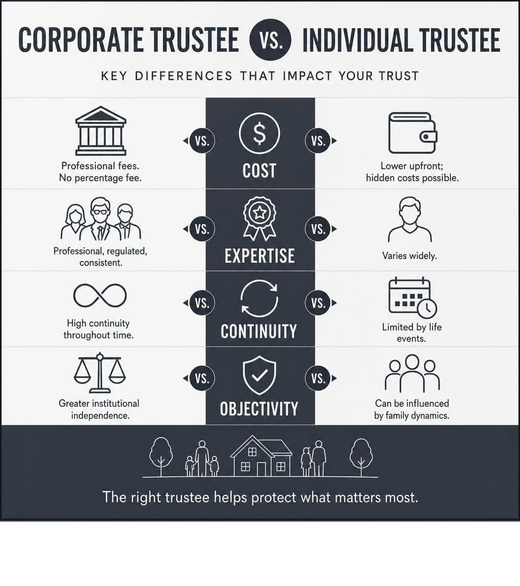 Infographic comparing corporate trustee vs individual trustee across cost, expertise, continuity, and objectivity without a