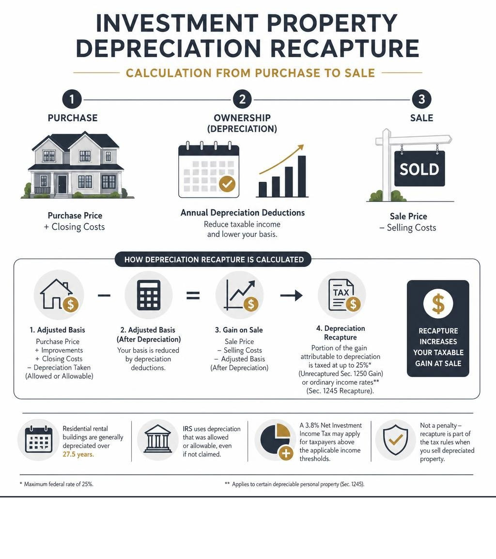Investment property depreciation recapture calculation from purchase to sale infographic