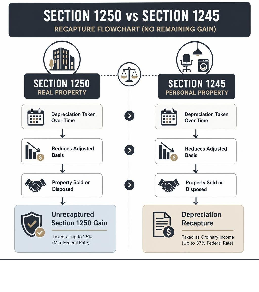 Flowchart comparing Section 1250 real property vs Section 1245 personal property recapture without remaining gain boxes