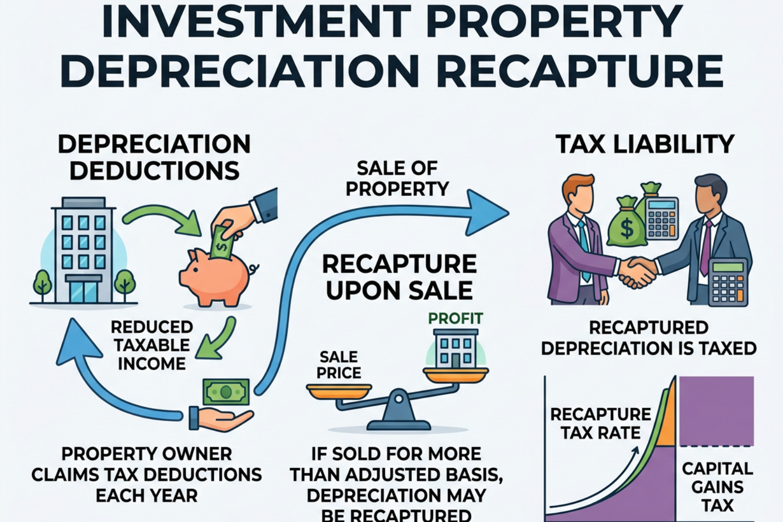 Real estate balance sheet and tax forms showing depreciation recapture calculations