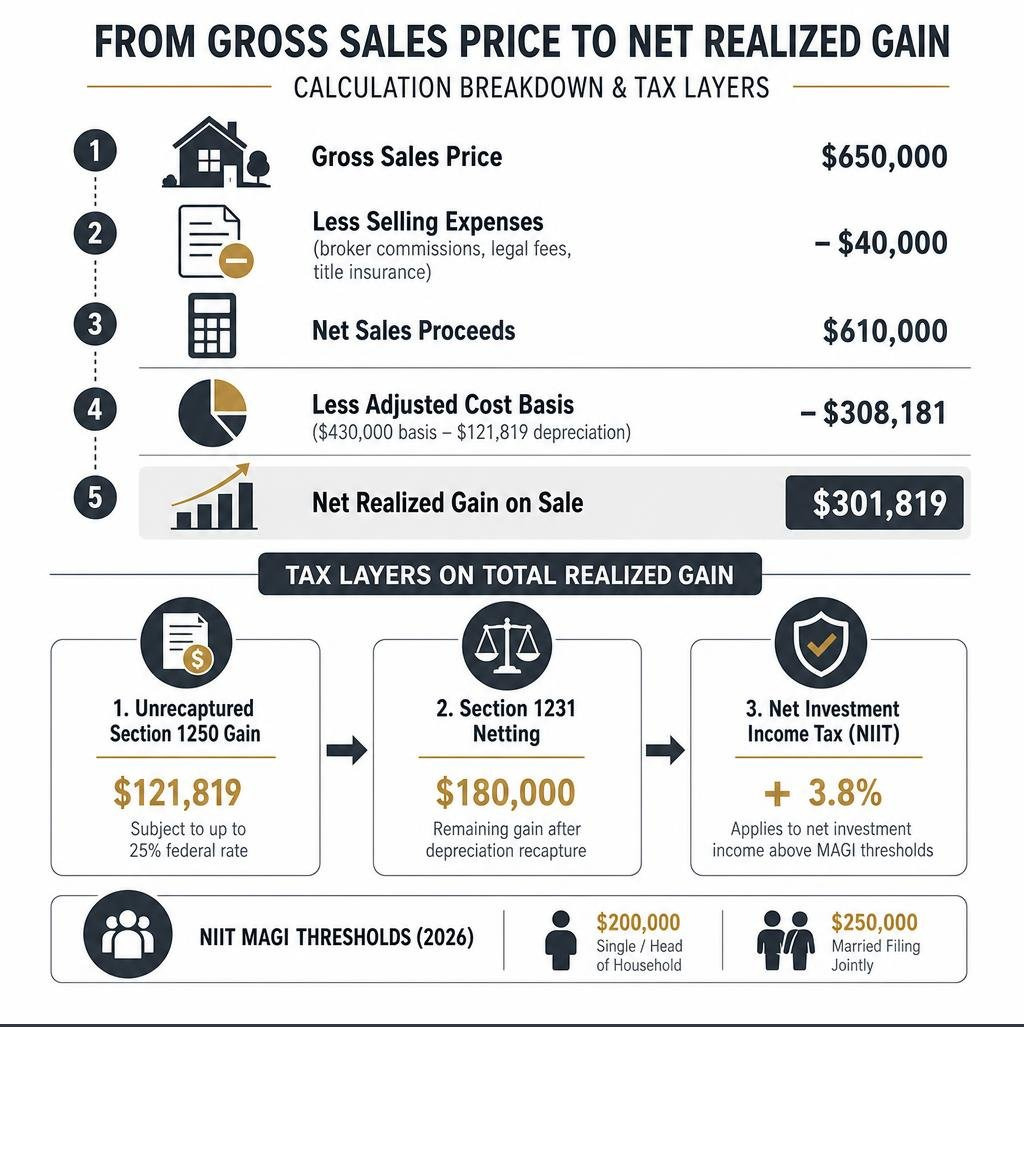 Calculation breakdown from gross sales price to net realized gain and tax layers without installment sale column infographic