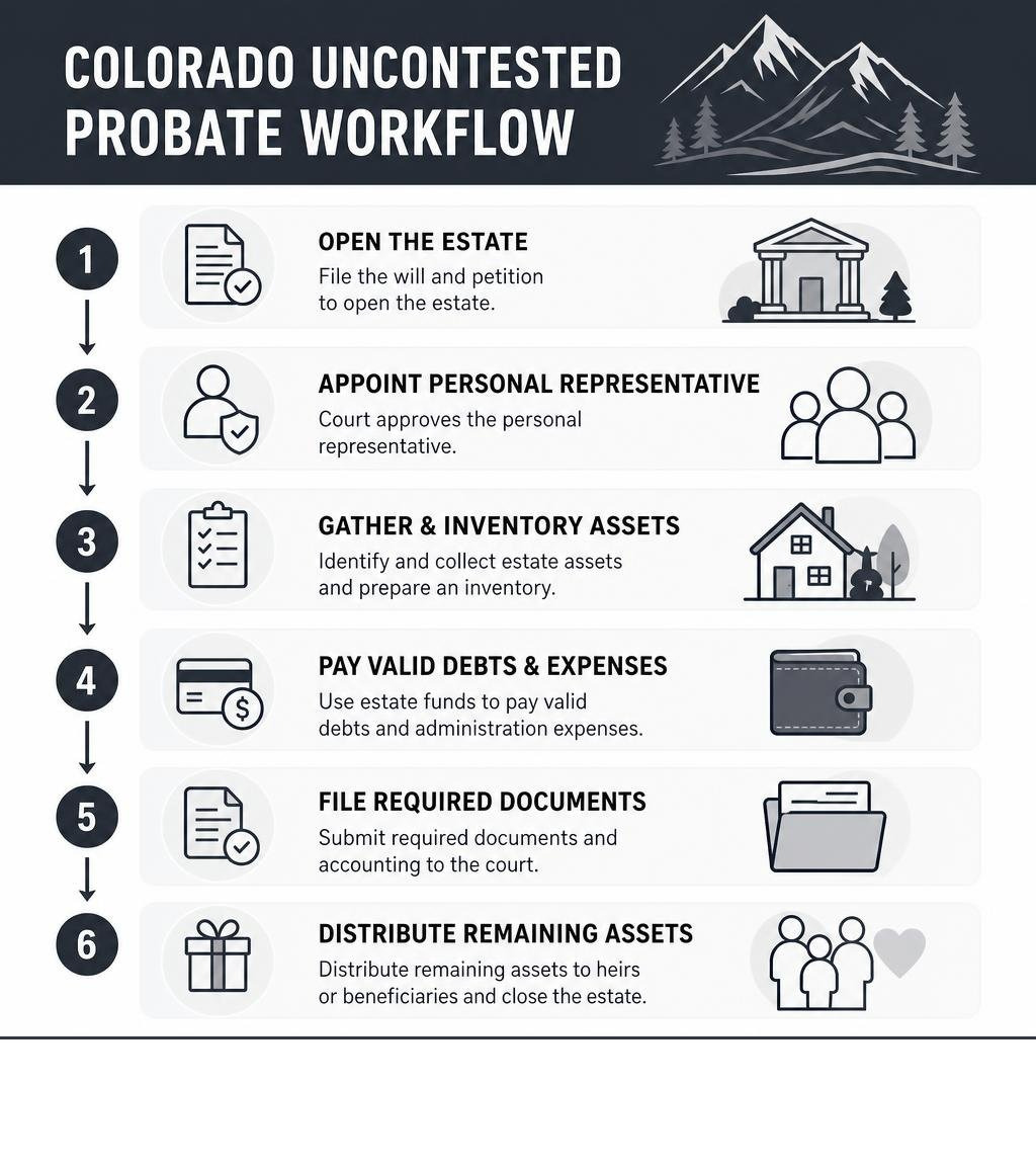 Colorado uncontested probate workflow infographic without stray non-client logo mark infographic