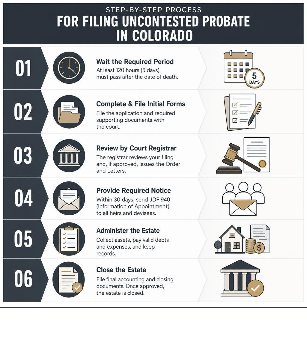 Step by step process diagram for filing uncontested probate in Colorado with no stray logo mark infographic