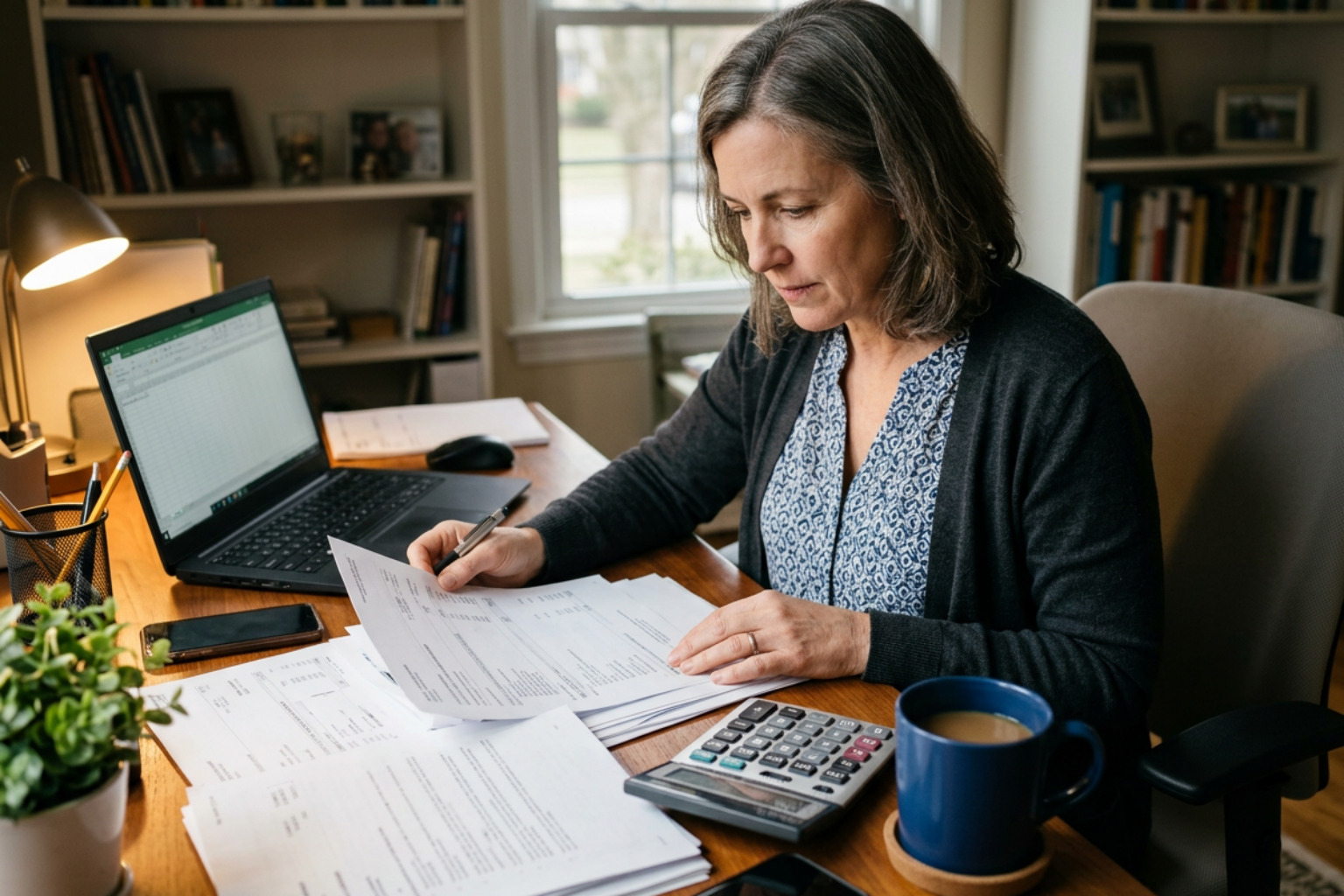 Personal representative examining financial account records and estate documentation