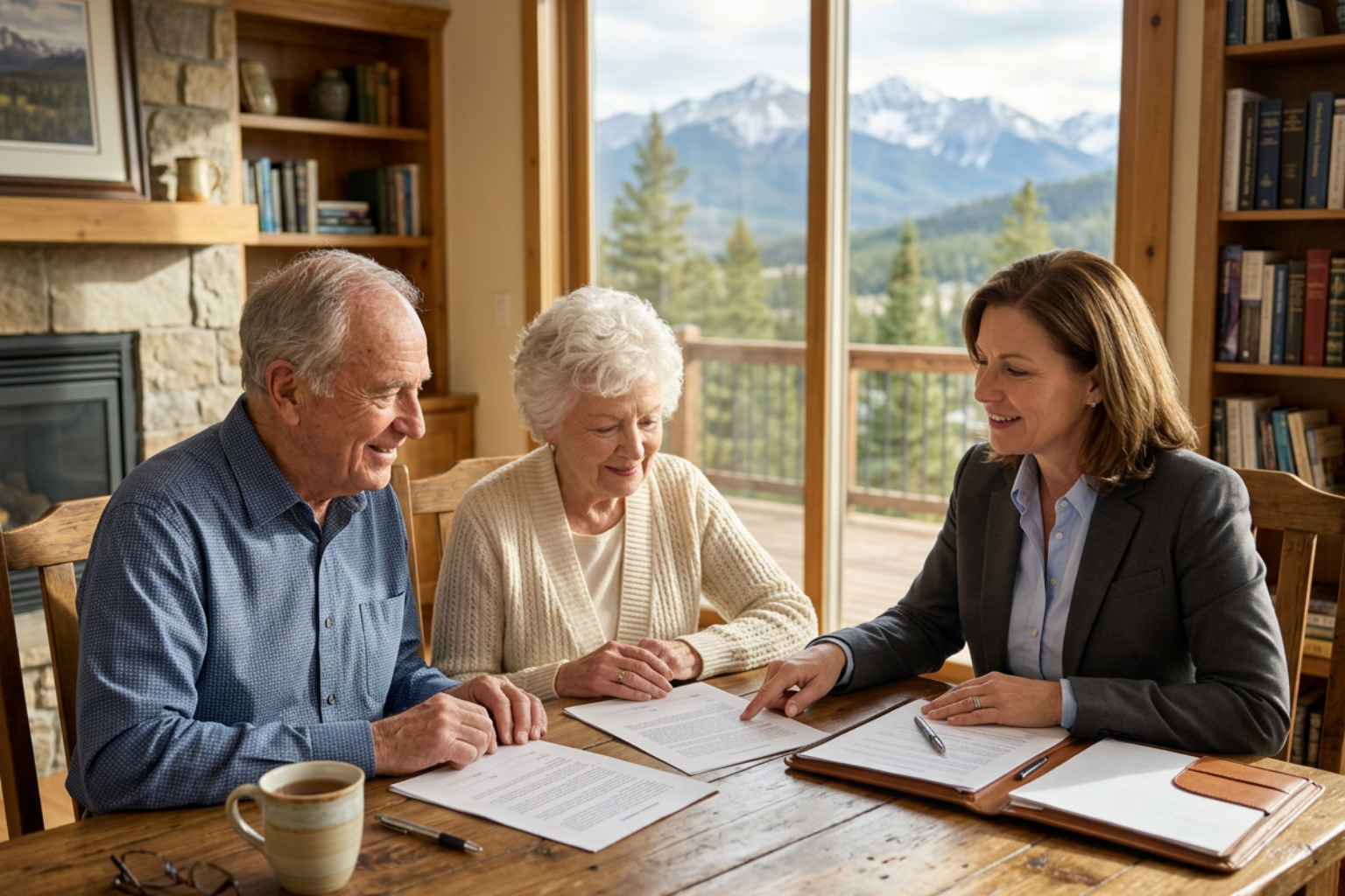 Attorney meeting with an older couple at a table to review documents for an uncontested probate in Colorado