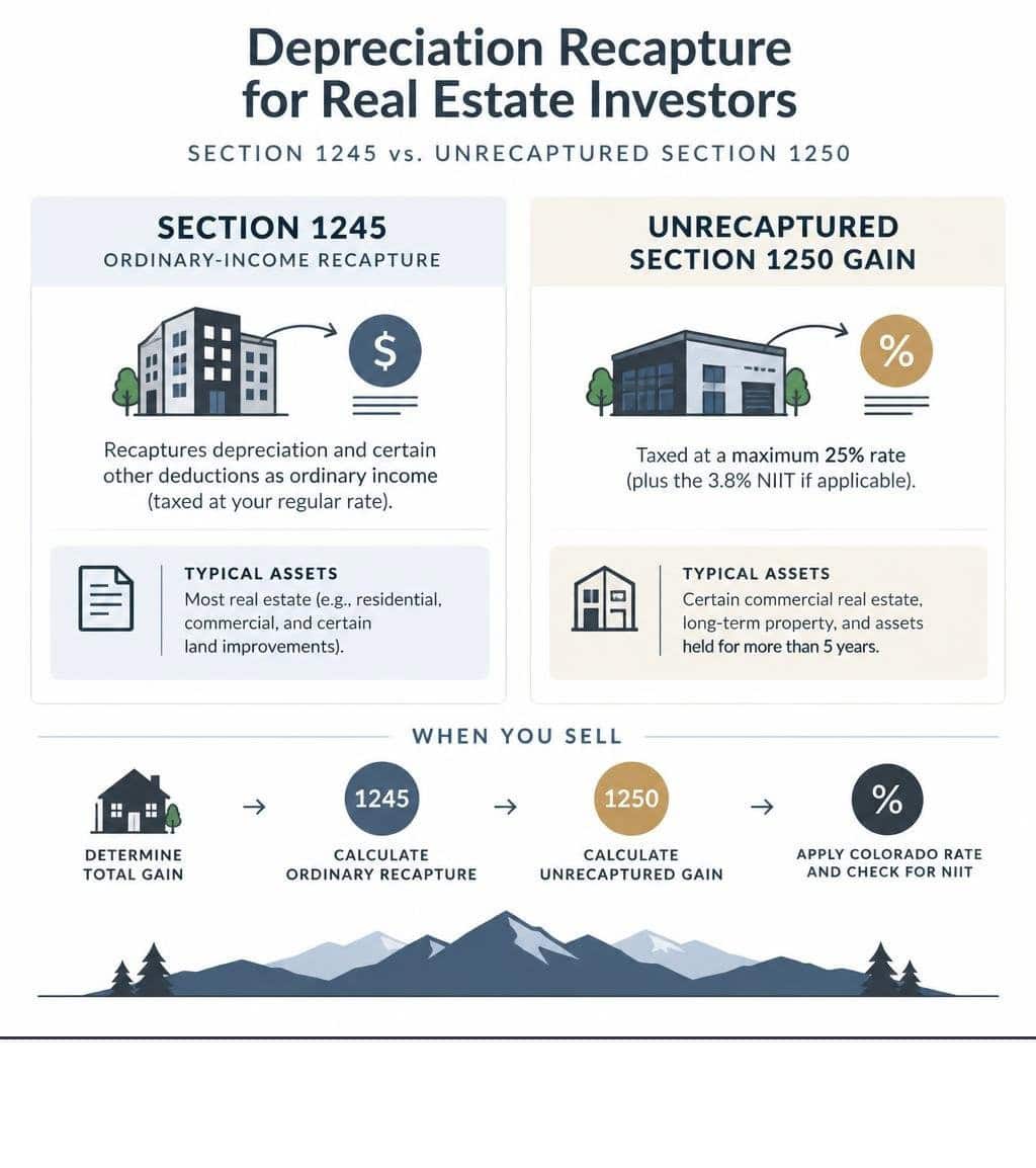 Infographic distinguishing Section 1245 ordinary-income recapture from unrecaptured Section 1250 gain for real estate