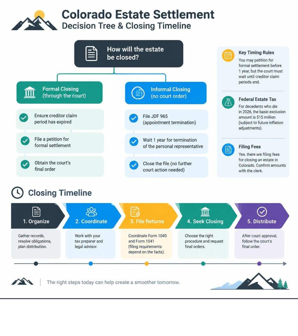 Colorado estate settlement decision tree and closing timeline infographic infographic